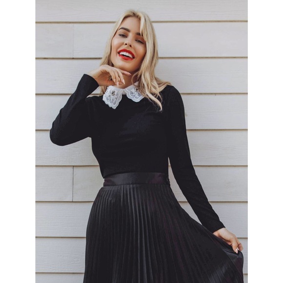 Preppy Embroidery lace Collar Rib knit long sleeve Top black white - Picture 3 of 4